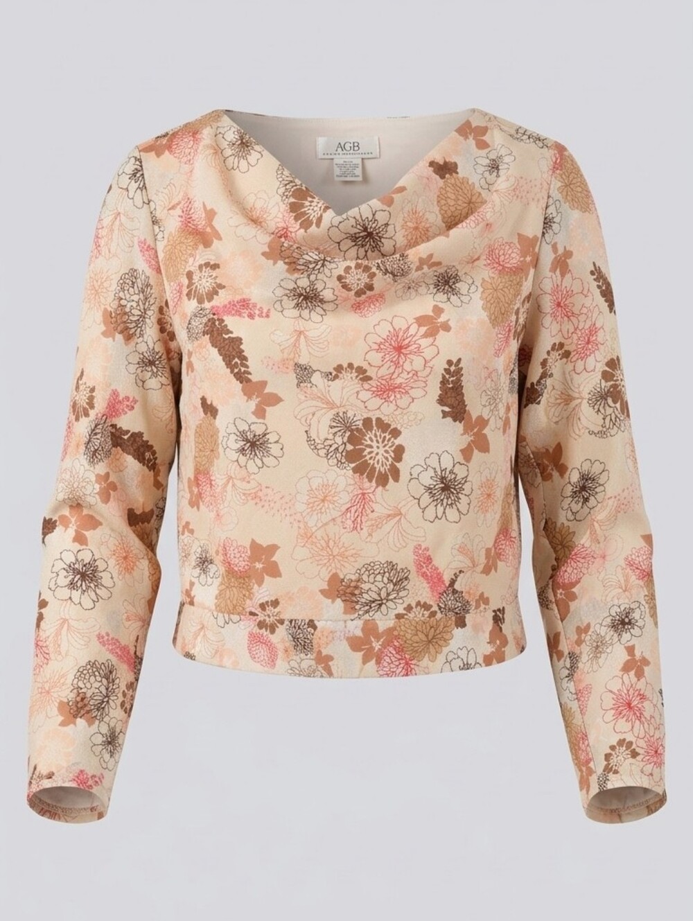 AGB Floral Cream Brown Y2k Boho Fairycore Cowl Neck Long Sleeve Women Top M
